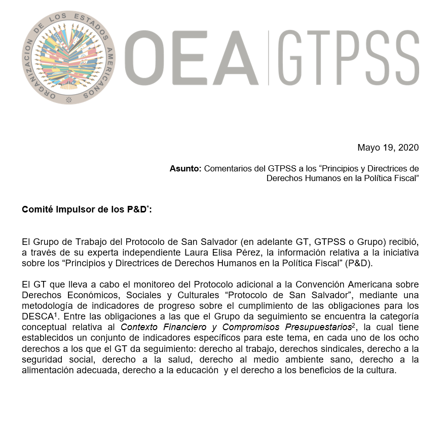 O Grupo de Trabalho sobre o Protocolo de San Salvador da Organização dos Estados Americanos apoia a Iniciativa